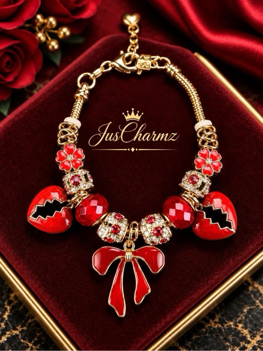 Hand Crafted Red Enamel Bow & Heart Charm Bracelet